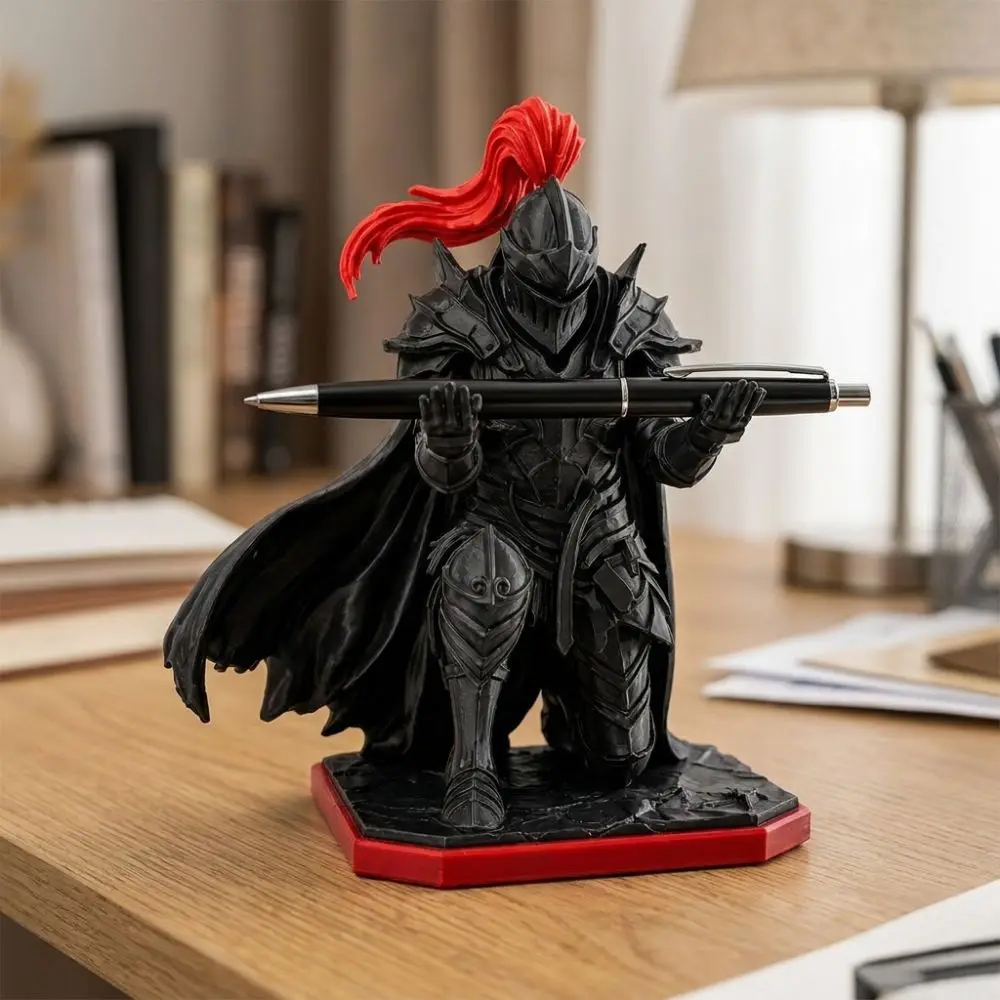 Plastic Kneeling Knight Pen Holder Statue 3D Printed Red Plume Dark Knight Desktop Pen Holder Novelty Gift Pen Display Holder
