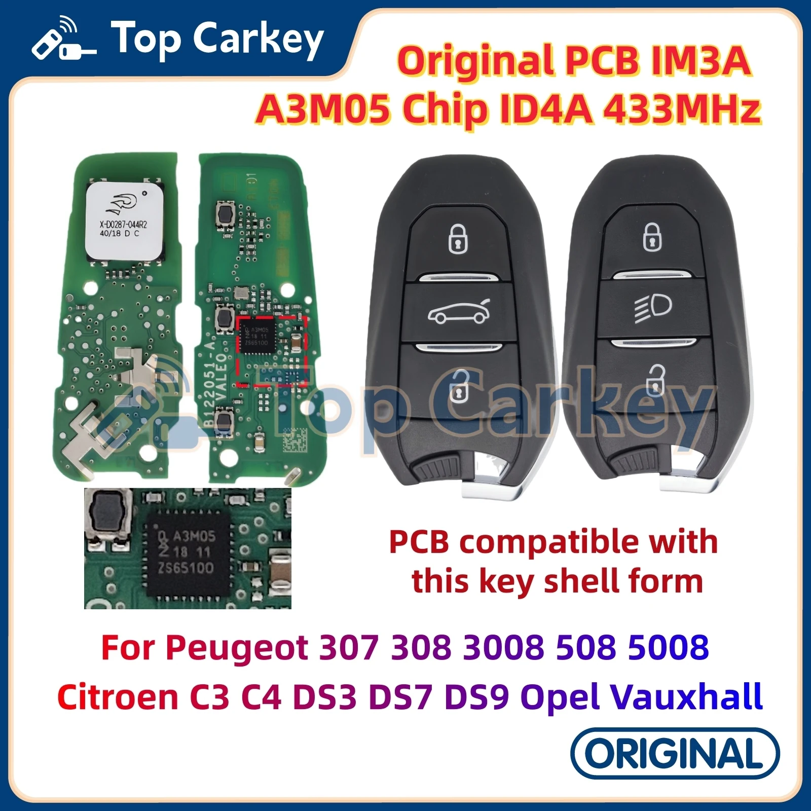 

Оригинальная печатная плата TopCarkey IM3A A3M05 ID4A чип 433 МГц для Peugeot 308 3008 408 508 5008 Citroen C3 C4 DS3 DS4 DS5 DS7 Opel Vauxhall