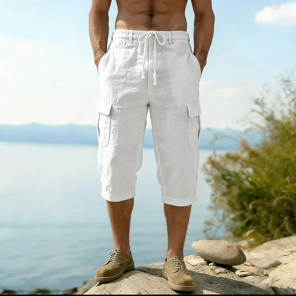 Summer Linen Men Shorts Loose Large Size Multi-Pocket Overalls Comfortable Outdoor Casual Sports Beach Pants
