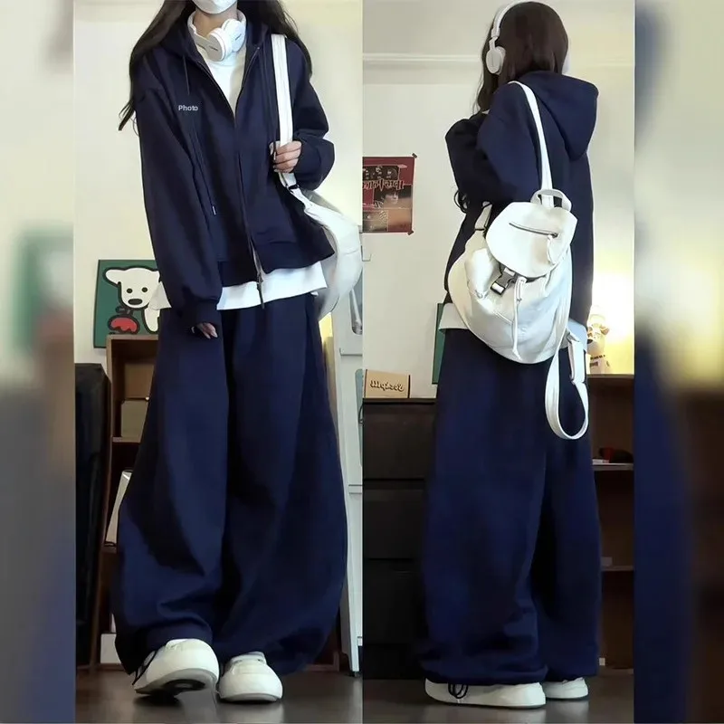 طقم ملابس رياضية نسائية فضفاضة للخريف والشتاء بدلة جري غير رسمية مكونة من قطعتين سويت شيرت بقلنسوة مريح من ألياف البوليستر #1