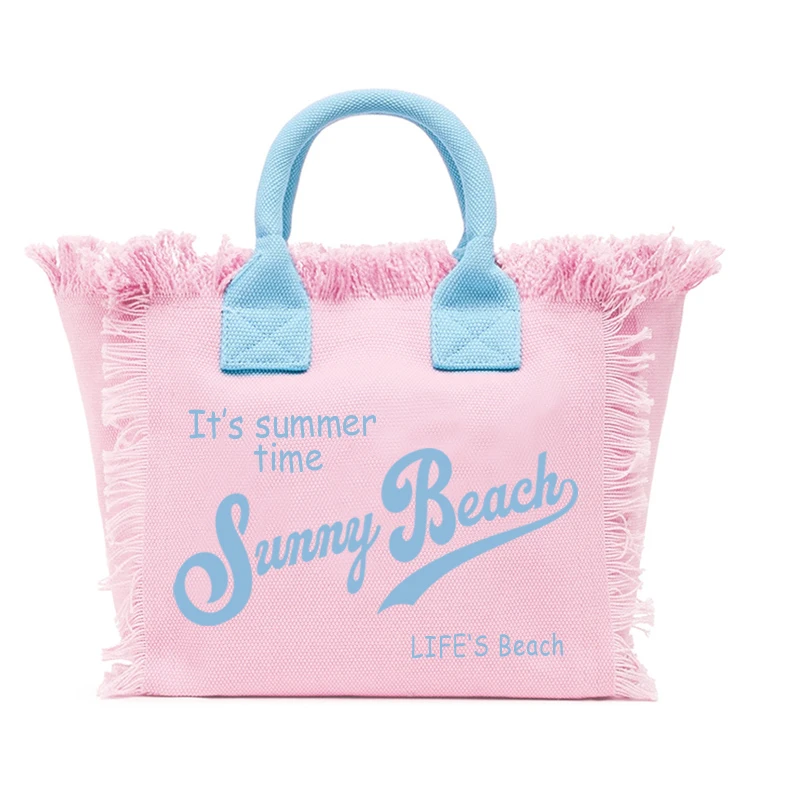 Summer American Style Sunny Beach Printing Women's Tassel Handbag Letters Canvas Tote Medium Size Bag Wedding Gift