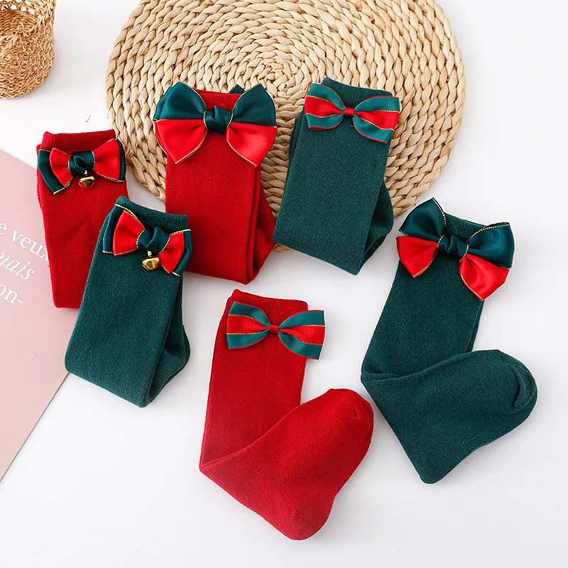 

Baby Girls Christmas Socks Elastic Bow Princess Socks Breathable Long Socks for Toddler Infant Clothing Accessories