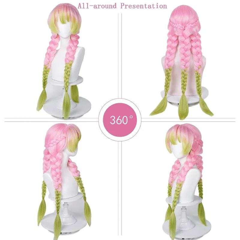 Beauty Anime Pink and Green Wig Kanroji Mitsuri Cosplay Braided Hair with Pigtails for Women Halloween Carnival Comic-Con Party