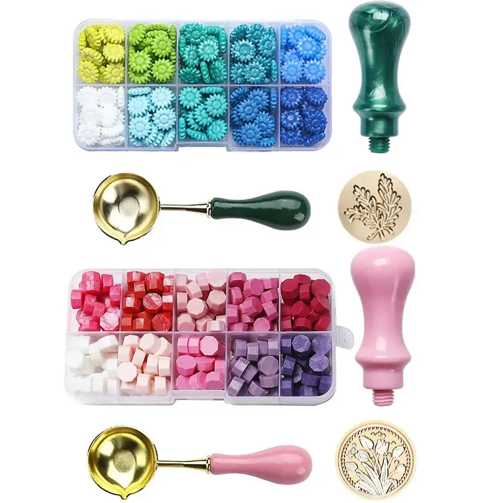200pcs Tulip Wax Seal Stamp Kit, 1 Sealing Wax Stamp Brass Head, 200pcs Sealing Wax Beads, 1 Pink Wax Spoon, 1Pink Wooden Handle