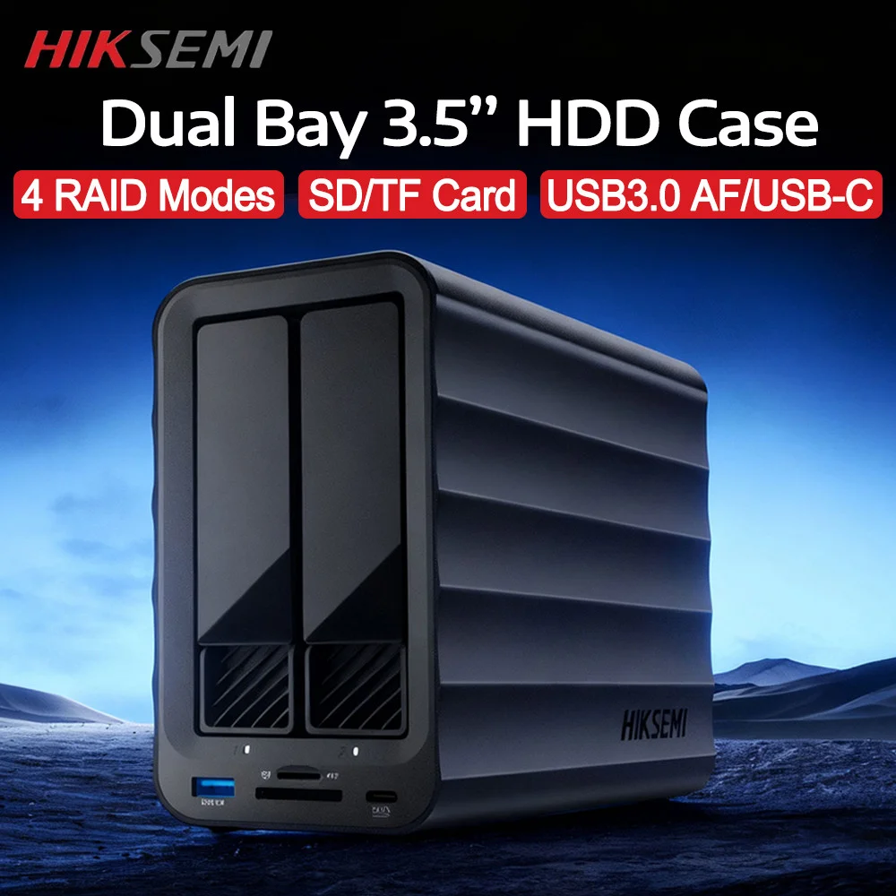 HIKSEMI 3.5 Inch SATA HDD Case Dual Bay HDD Enclosure with 4 RAID Modes Support SD/TF Card Reader USB3.0 AF&USB-C Ports Adapter