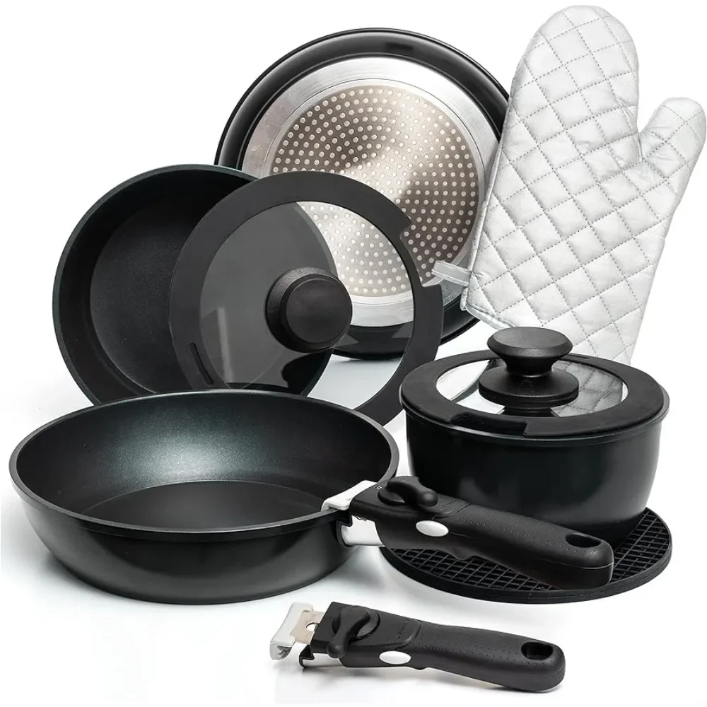 

Stackable Pots And Pans Set, Dishwasher safe, Induction Pots And Pans, Aluminum Camping Cookware Set. 10 Pcs Black Kitchen Set.