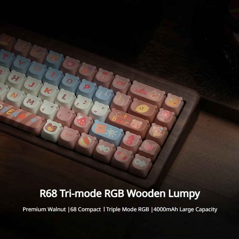 R68 Keyboard Mekanikal kayu 68 tombol nirkabel Bluetooth kustom cangkang walnut panas Keyboard Gaming RGB Backlight Gasket Keyboard