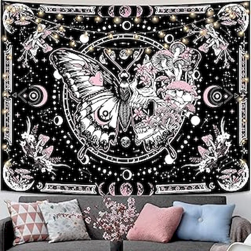 VIKAMA Butterfly Moon Phase Tapestry, Pink Mushroom Witchy Wall Hanging Home Decor, Hippie Bohemian Wall Decor