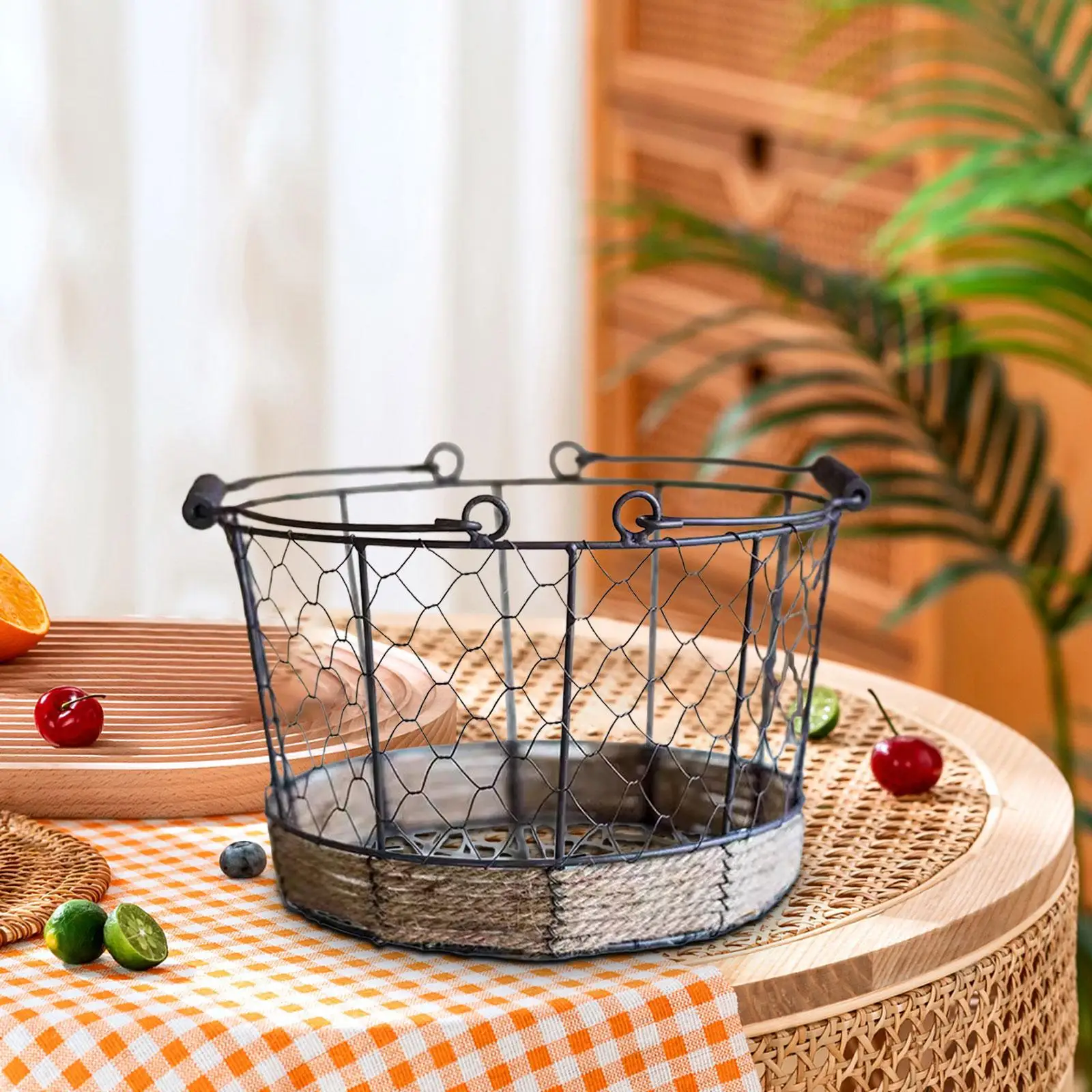 Eggs Wire Storage Basket Fruit Stand Metal Iron Wire Woven Basket with Handle for Dining Table Farmhouse Kitchen Bathroom Fruits