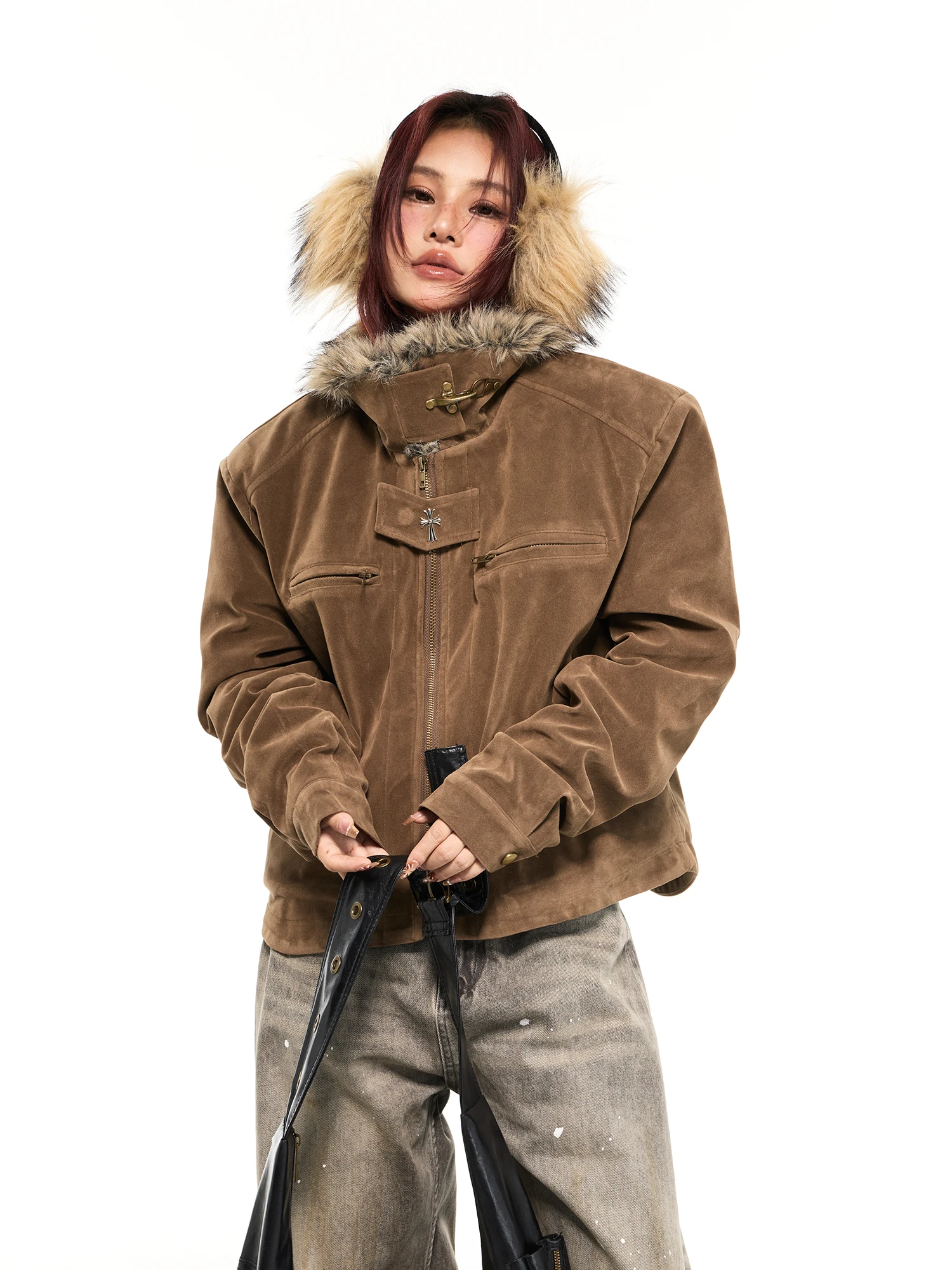 

Женское теплое пальто Damon Island Autumn Winter Vintage Mella Rad из замши и хлопка с меховым воротником и подкладкой на плечах
