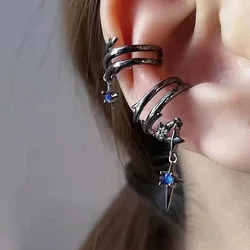 Fake Piercing Asymmetry Ear Cuff For Women Retro Punk Goth Black Gold Color Blue Zircon Hanging Earbone Clip Earrings EF186-1