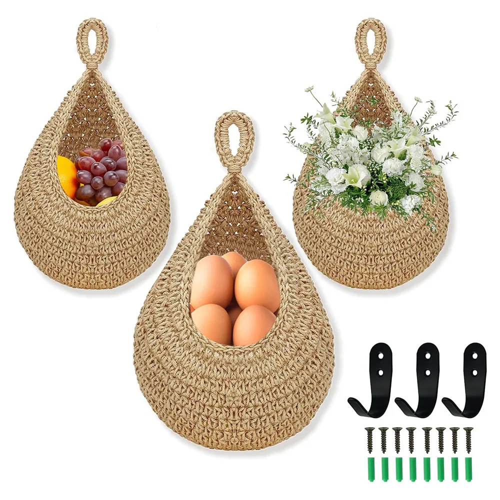 Handwoven wall-mounted Vegetable Fruit Basket Organizer Container Decor for Kitchen Garden Mount Wall Plant Flower Onion Storage