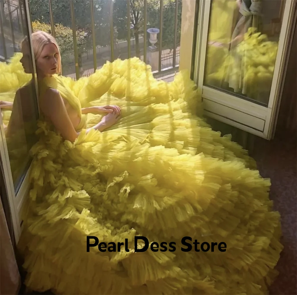 Luxury Handmade Tulle Prom Dress Vestidos De Noche Gorgeous Trail Multi layered Evening Dress Yellow Party Dress