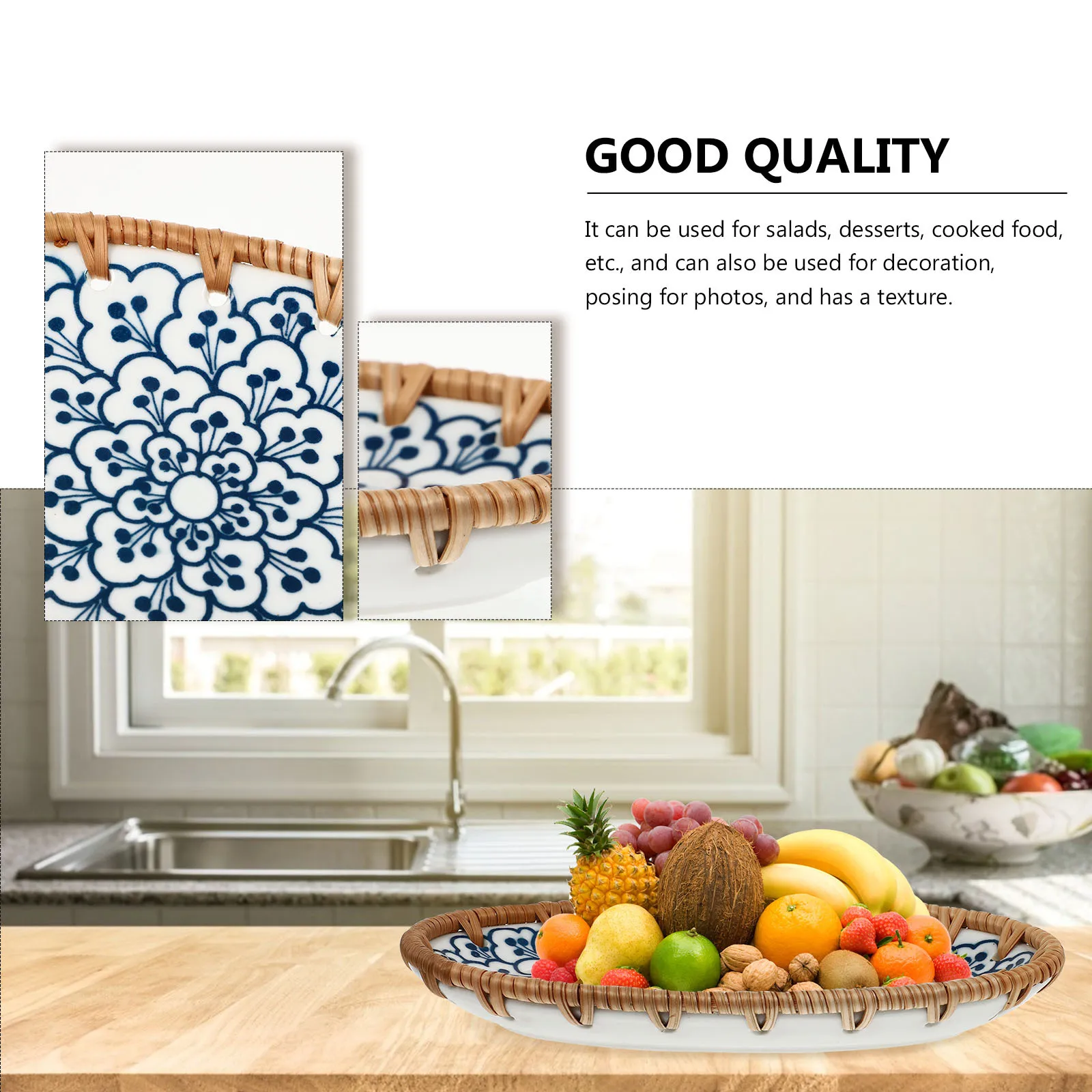 

1Pcs Japanese-Style Rattan Fruit Tray Oval Ceramic Practical Stoneware Plate Decorative Household Tableware Creative Plate
