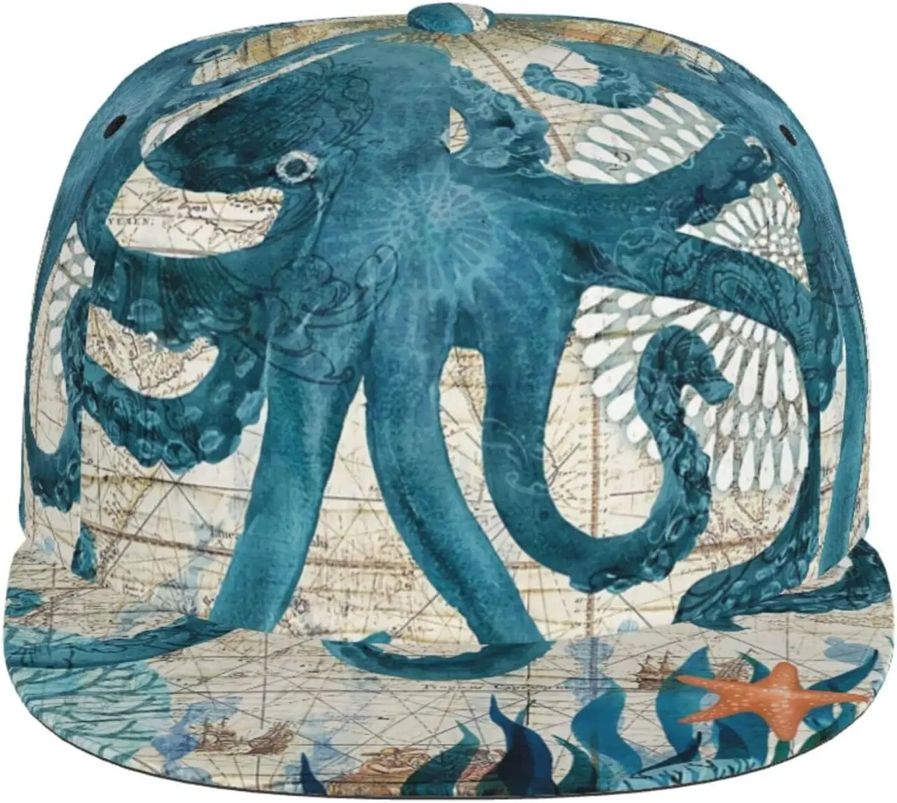 Blue Octopus Nautical Map Pattern Flat Bill Hat, Unisex Snapback Baseball Cap Hip Hop Style Flat Visor Blank Adjustable