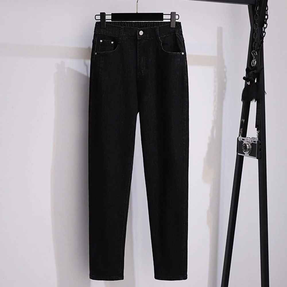 Plus Size 7XL 170kg Autumn Spring Denim Pants Vintage Female Korean High Elastic Waist Casual Long Navy Blue Jeans Trousers