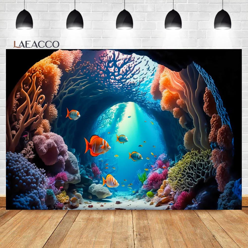 

Laeacco Underwater World Backdrop Colorful Coral Reef Sea Fishes Kids Birhday Baby Shower Portrait Custom Photography Background