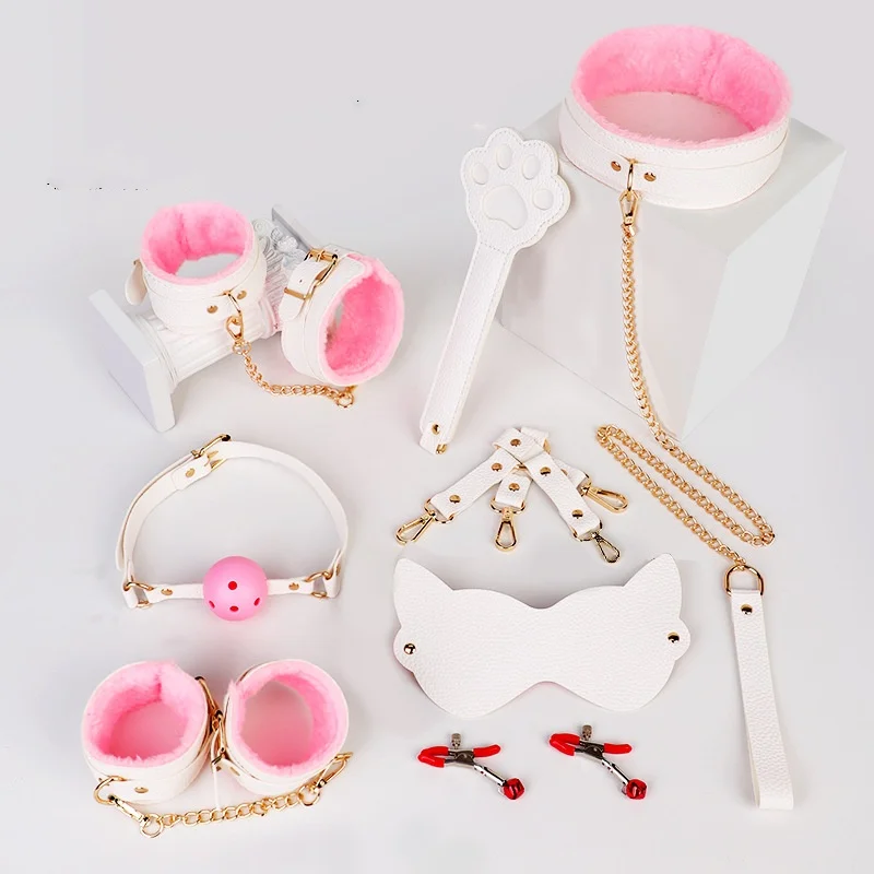 9pcs Plush Cat BDSM Set for Female Submissives Handcuffs Ankle Cuffs Restraints Collar Gag Adjustable Couple Sex