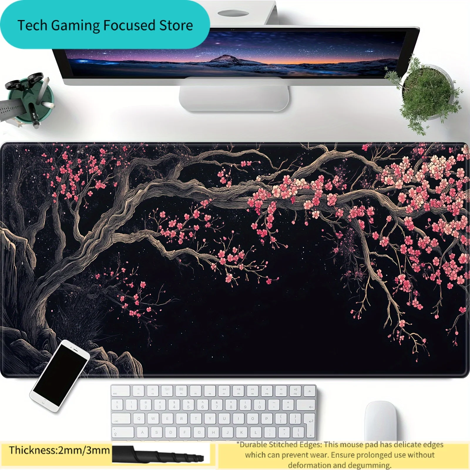 

Большой коврик для мыши с черным фоном и изображением цветов вишни, с прошитыми краями, резиновой противоскользящей основой, аксессуар для ПК, игровой коврик для мыши.