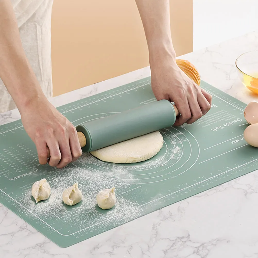 

1 set Large Green Silicone Dough Mat Set Non Slip Rolling Pin Baking Supplies Kitchen Pastry Mat Easy Clean Anti Stick