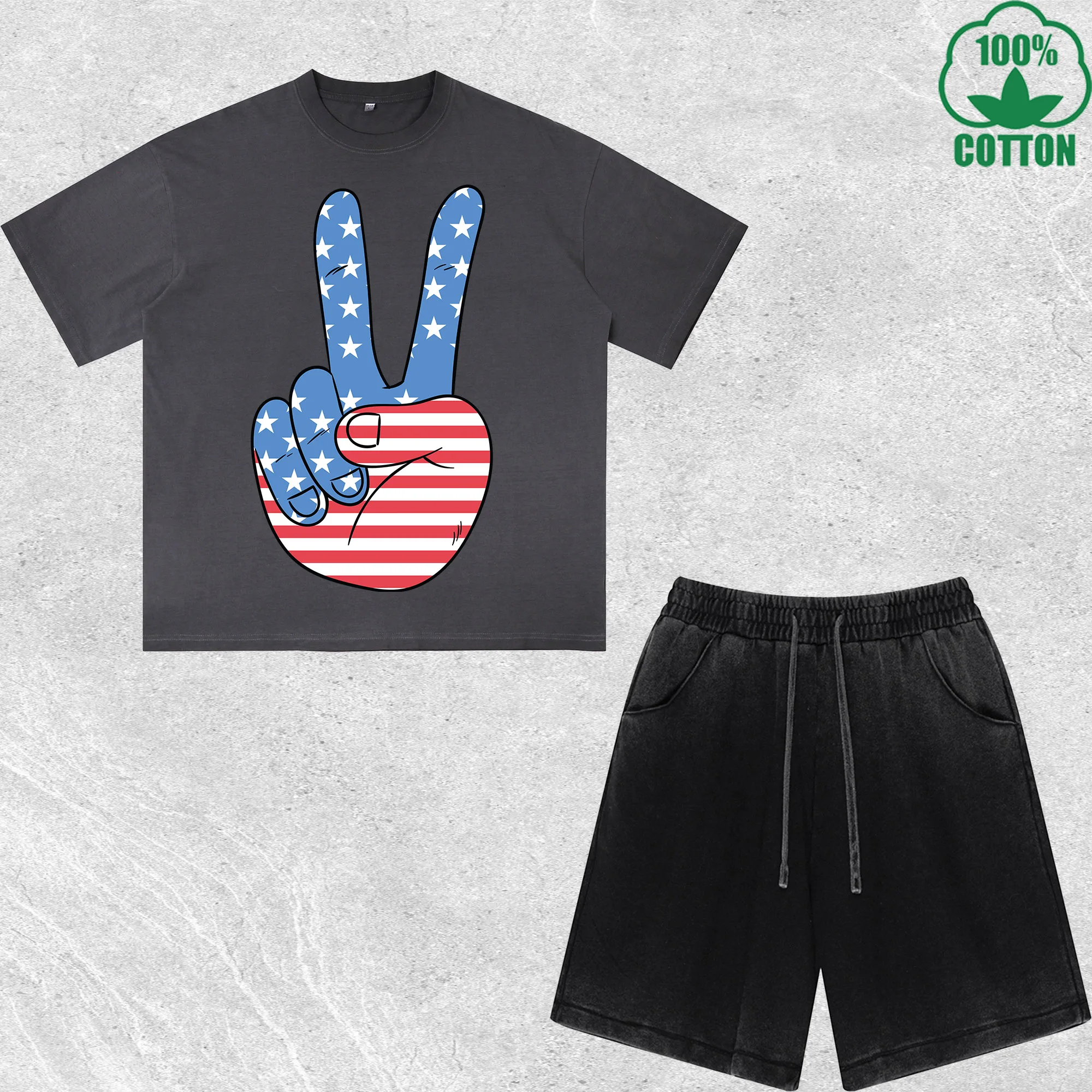 

Memorial Day Printed Dirty Wash T-Shirt Shorts Set Combo Loose Trendy Fashionable 100%Cotton Black Suit