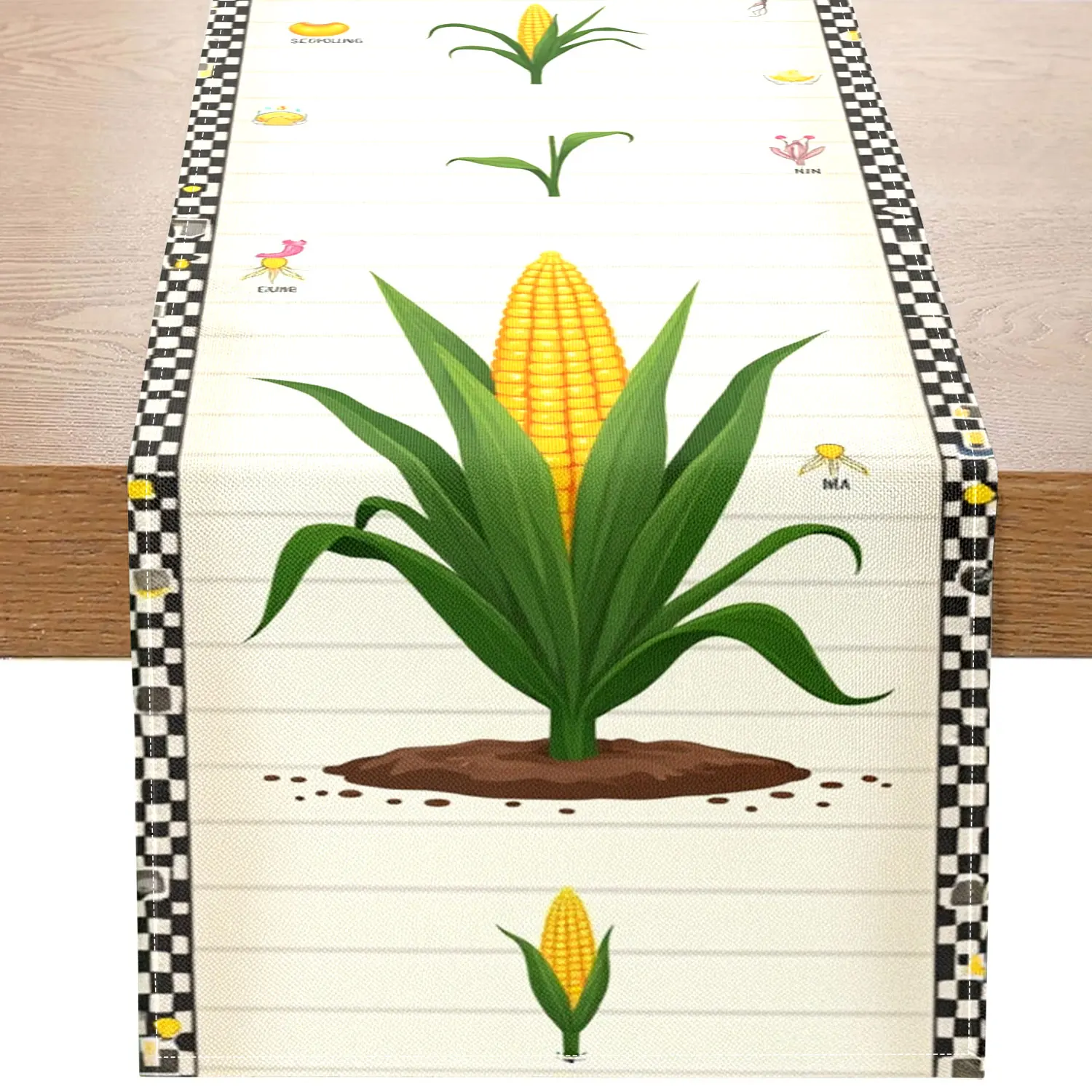 

Цельная дорожка для стола на тему урожая, украшенная кукурузой и мультяшными элементами, подходит для украшения фестиваля урожая и пасторального стиля.