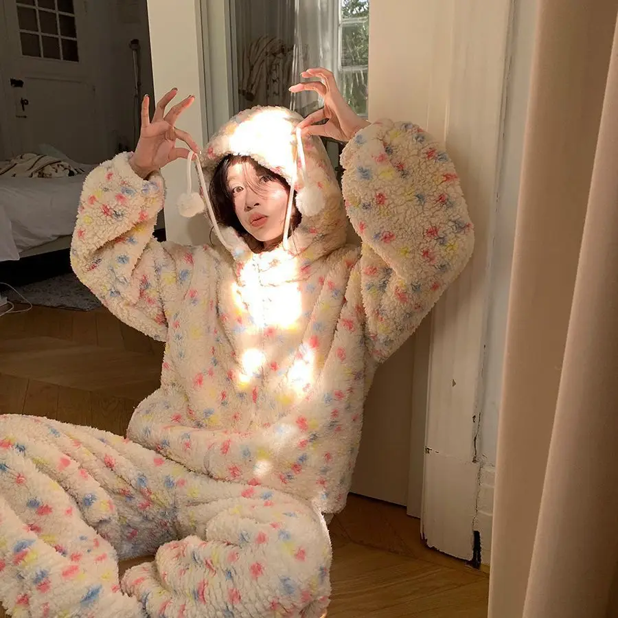 

Coral Fleece Pajamas Women's 2025 Winter Fleece Thickened Sweet Color Polka Dot Flannel Hooded Loungewear Set