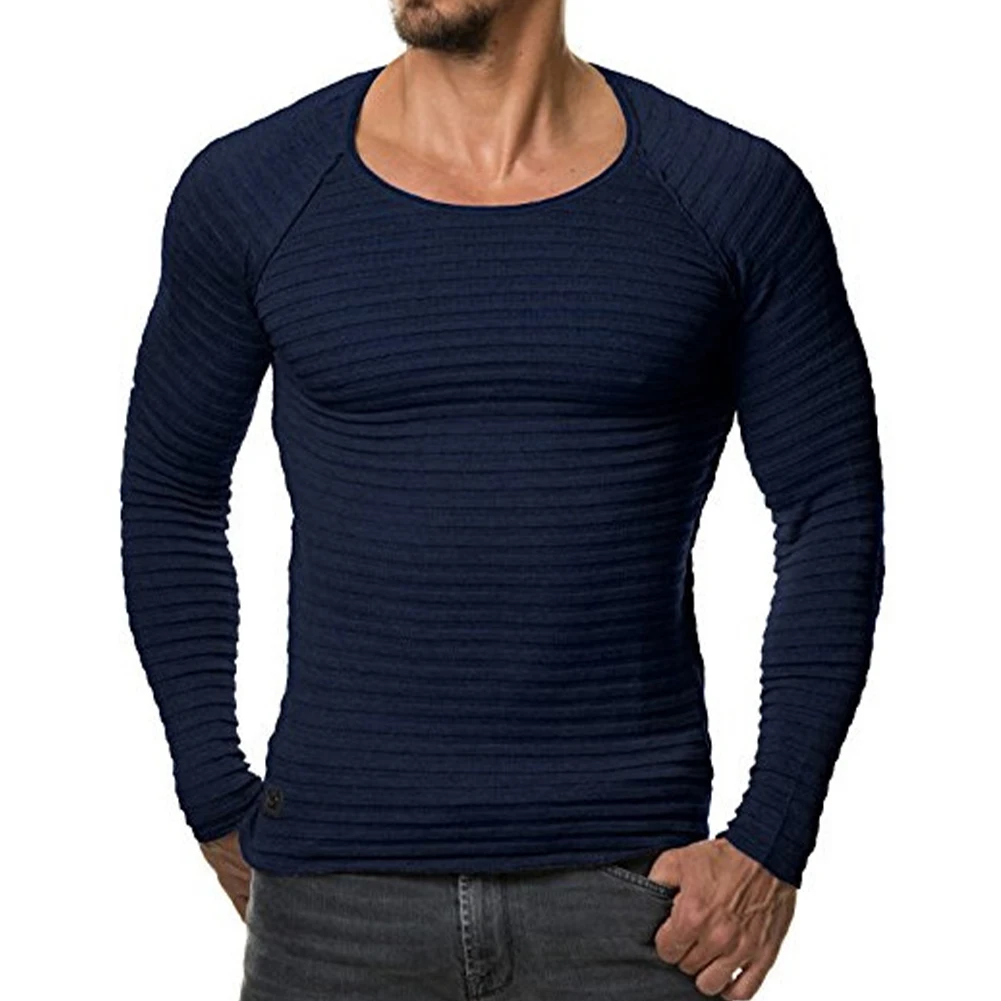 Camisola de malha de manga comprida com decote em O masculino, suéter monocromático, camiseta clássica, pulôver casual slim fit, preto, marinho, verde