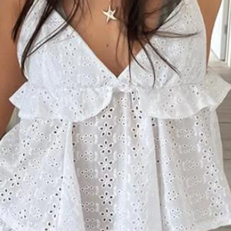 2025 Women Soild Color V Neck Camisole Hollowed Flower Spaghetti Strap Backless Ruffled Tops Summer Streetwear