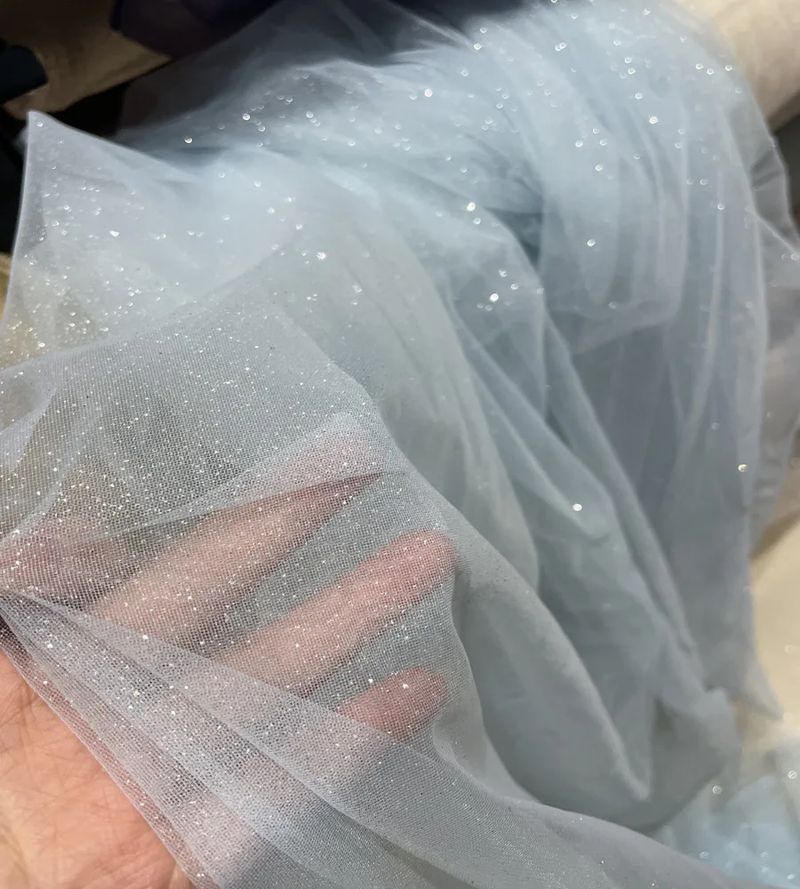 Light Blue Fine Shiny Mesh Scene Layout Transparent Gauzy Gown Draping Fabric for Wedding Dress Fabric
