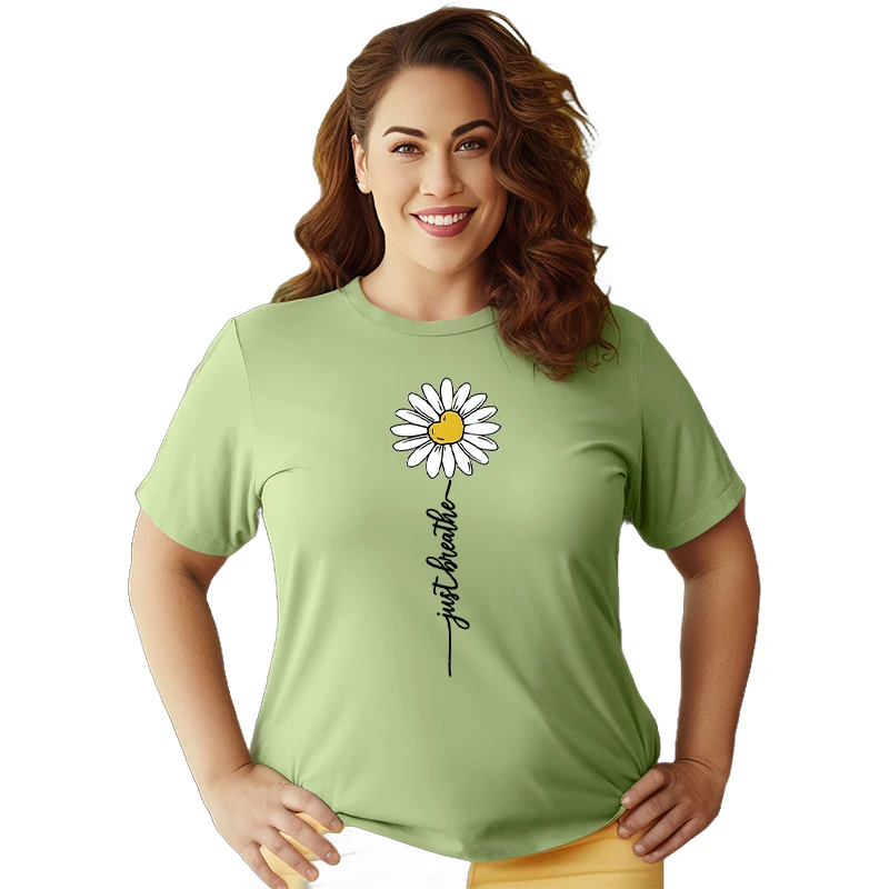

Daisy Just Breathe Print T-shirts For Women Summer Short Sleeve Round Neck Plus Size T-shirt Creative Personalized Ladies Tops