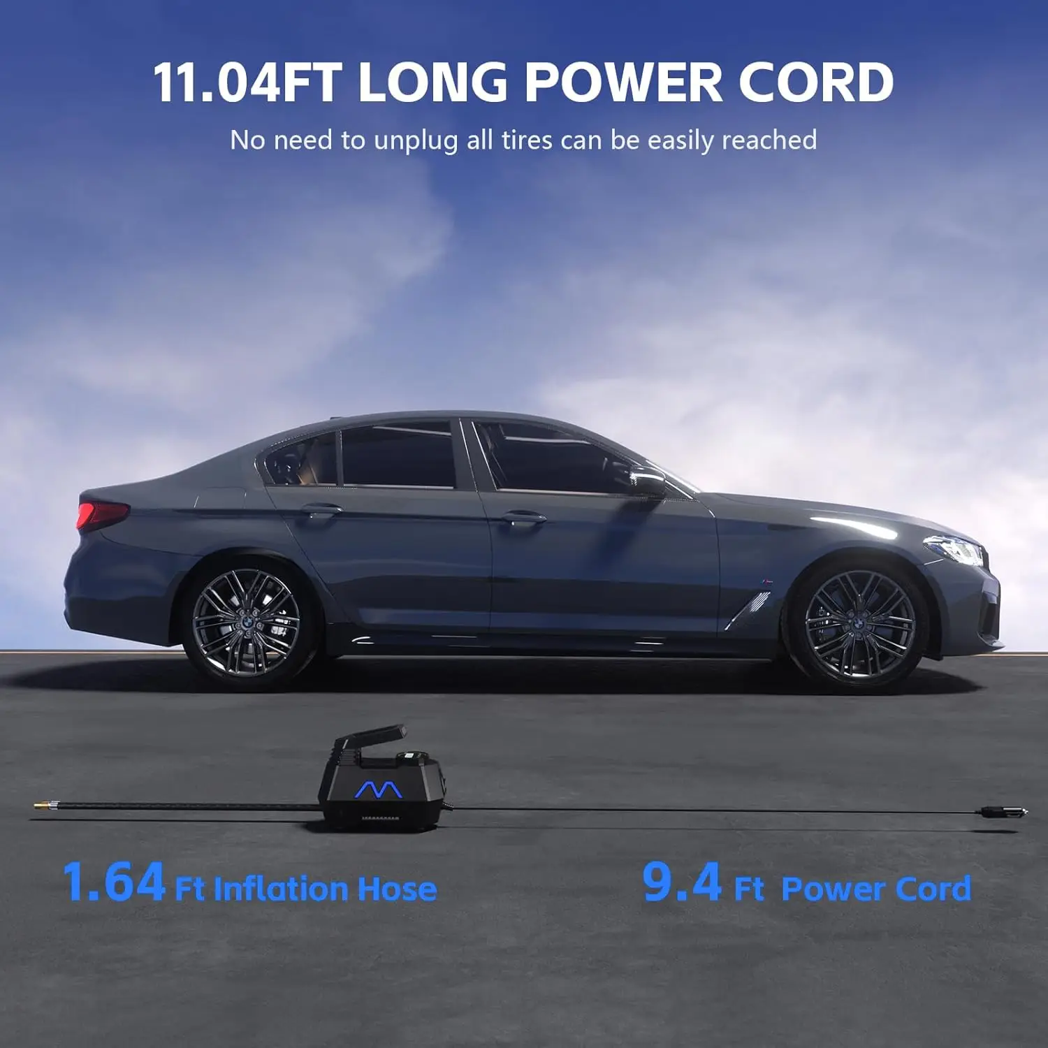 ضاغط هواء محمول 150 رطل لكل بوصة مربعة لإطارات السيارات والدراجة، 12 فولت تيار مستمر مع مقياس رقمي وإضاءة LED - أزرق