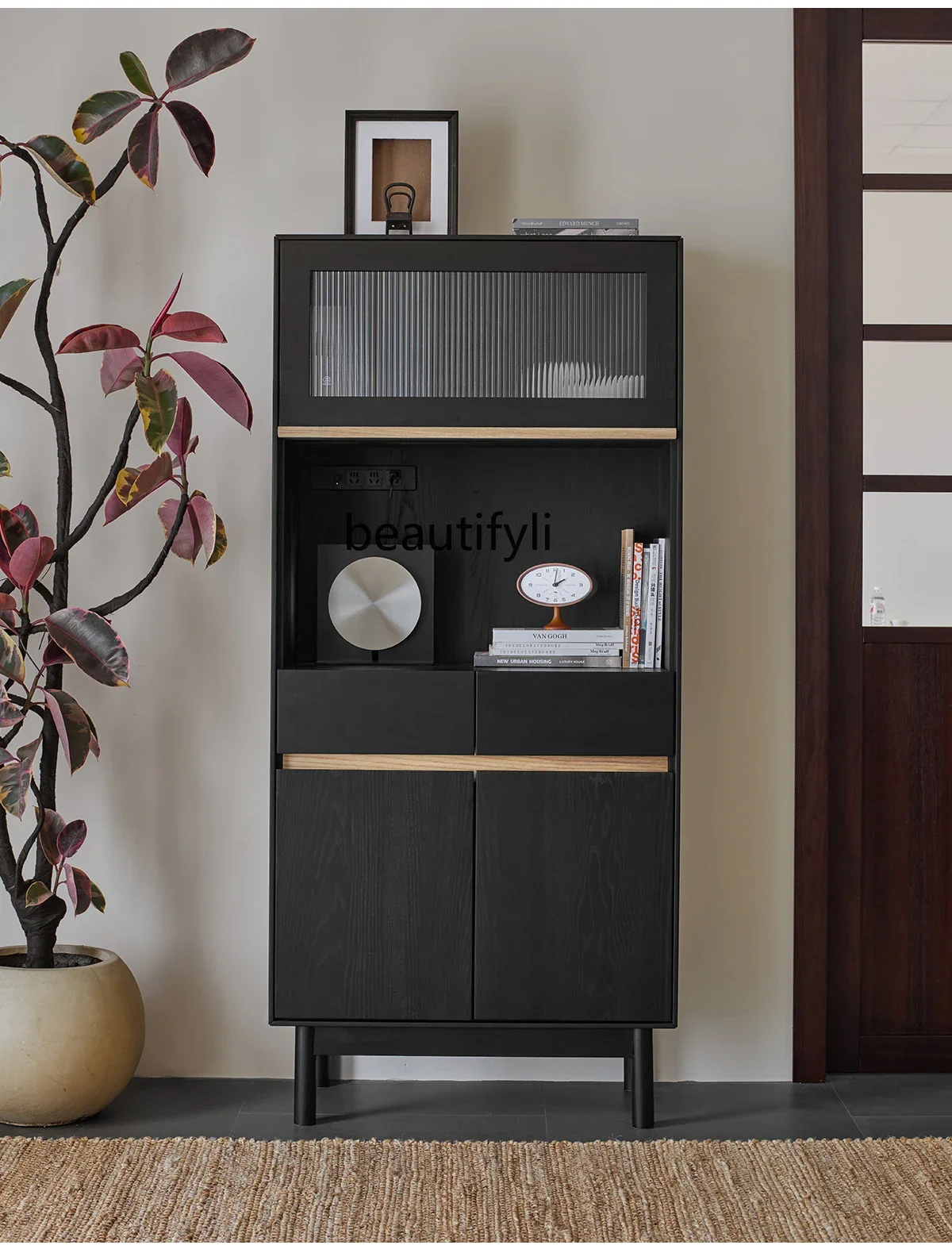 Light Sandalwood Vintage Style Solid Wood Home Living Room Multi-Functional Wall-Mounted Storage Cabinet Sofa Side Cabinet