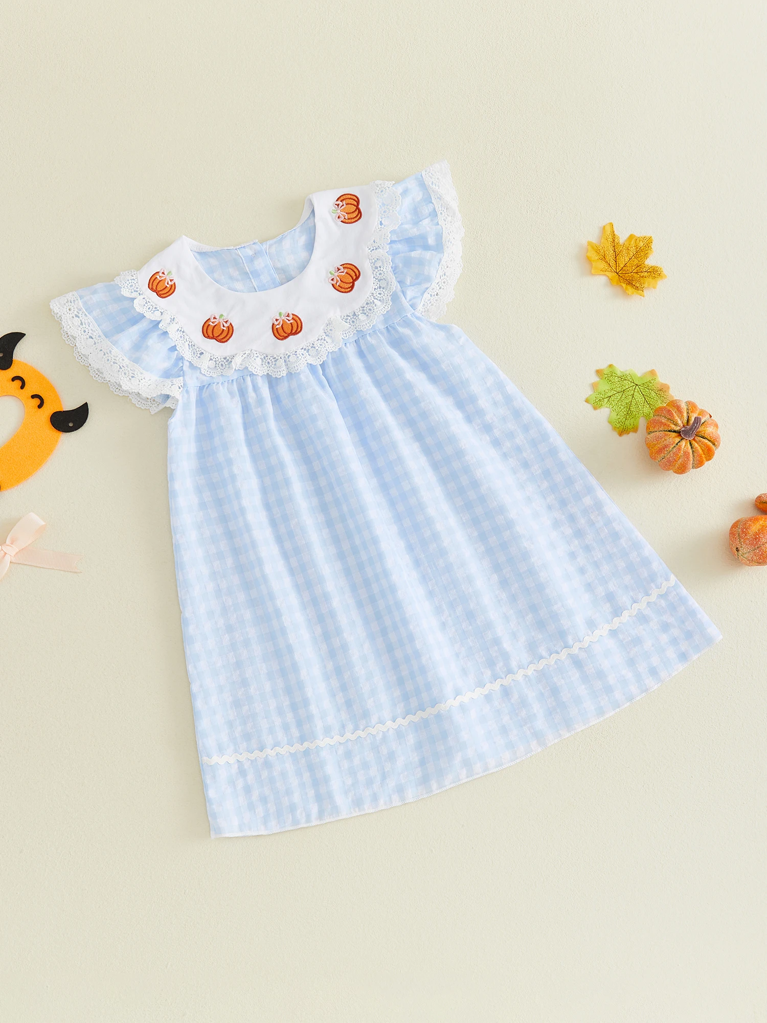 1-6 Jahre Kleinkind Mädchen Halloween-Kleid Niedliches Kürbis-Stickerei Flügelärmel Rundhals Kariertes Spitzenkleid Kostüm – Detail 9