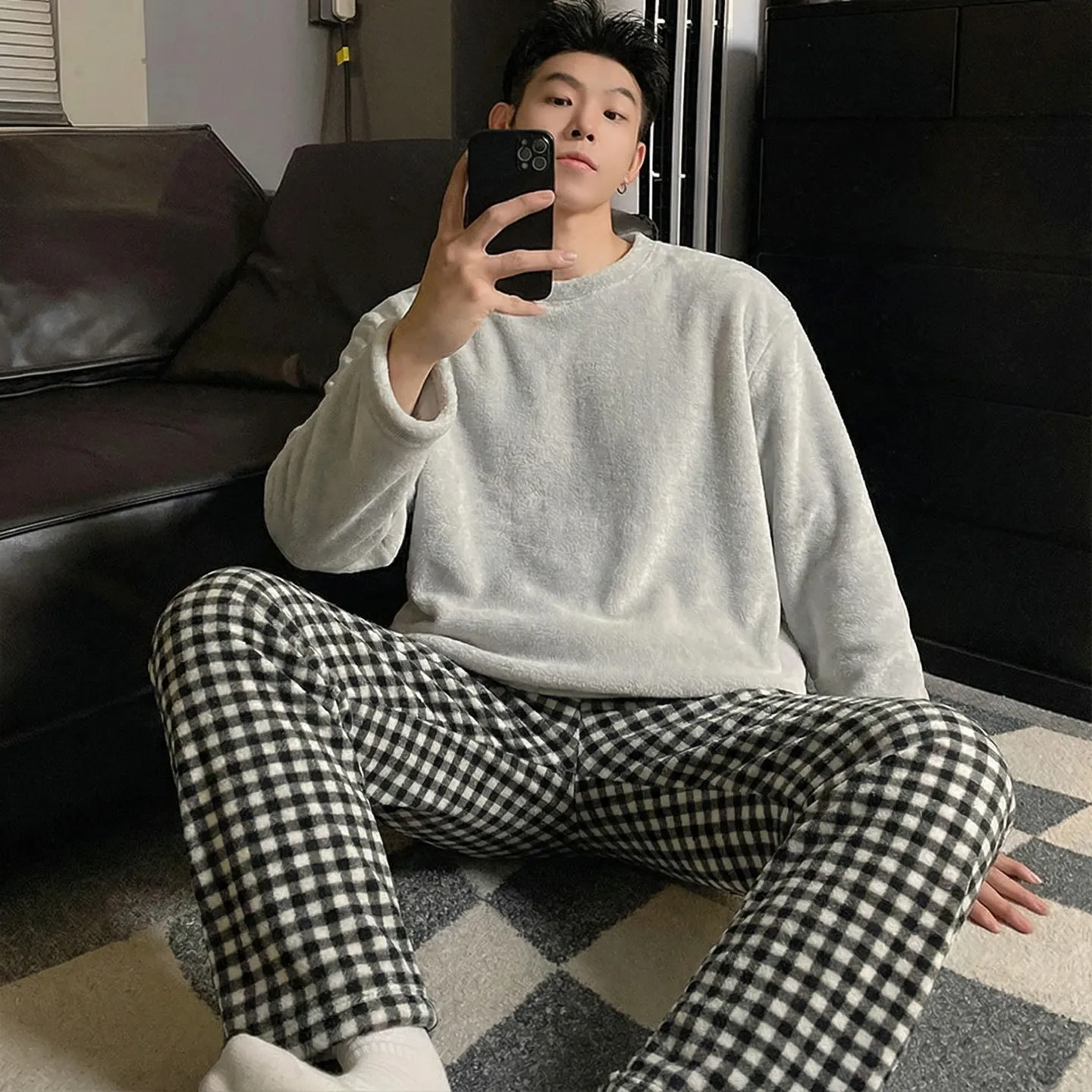 Sleepwear Pajama Male Pajamas Set Adult Solid-color Men Thick Warm Autumn Winter Large Size Striped Fleece Pants Home Wear