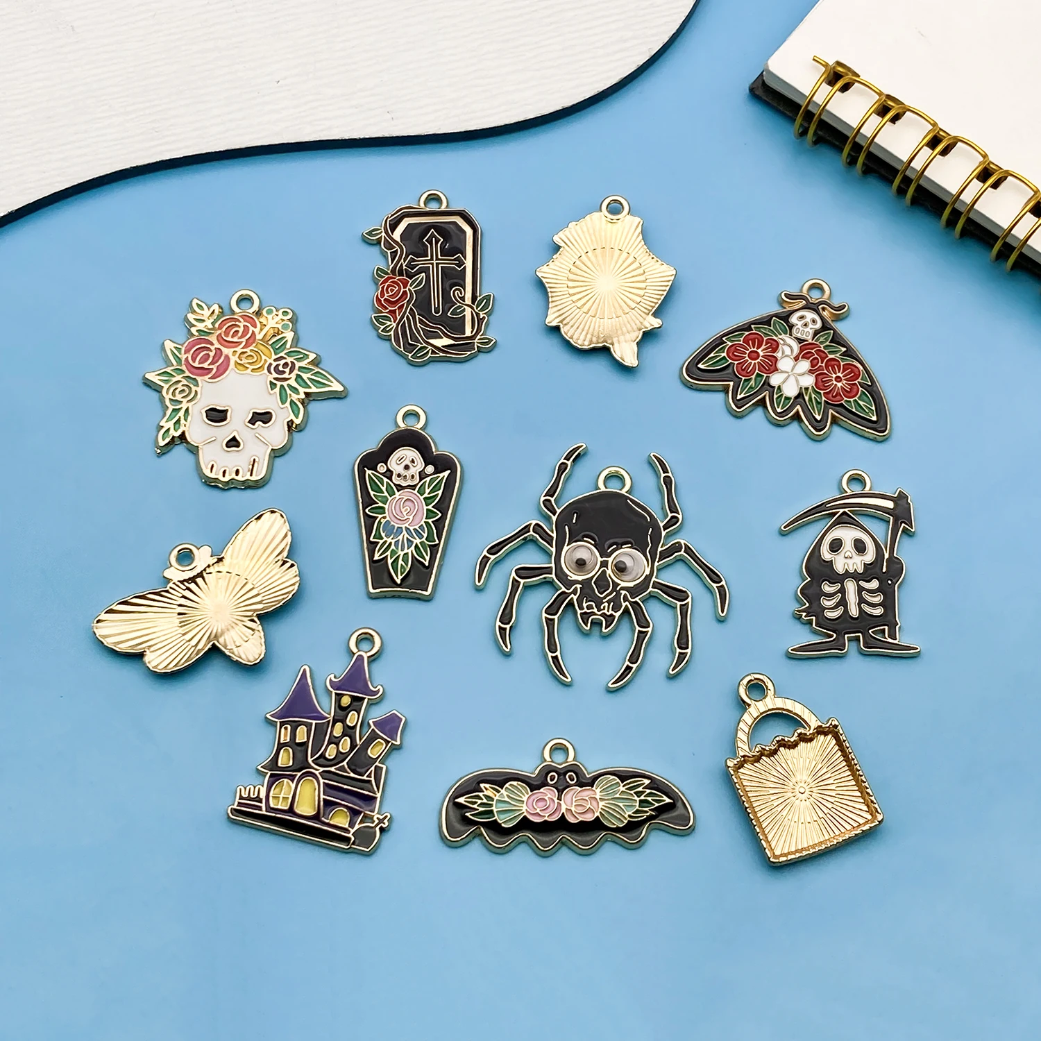 10/12pcs Halloween Alloy Charms,Mixed Style Spider Bat Castle Skull Pendants DIY For Necklaces Small Business Jewelry Making