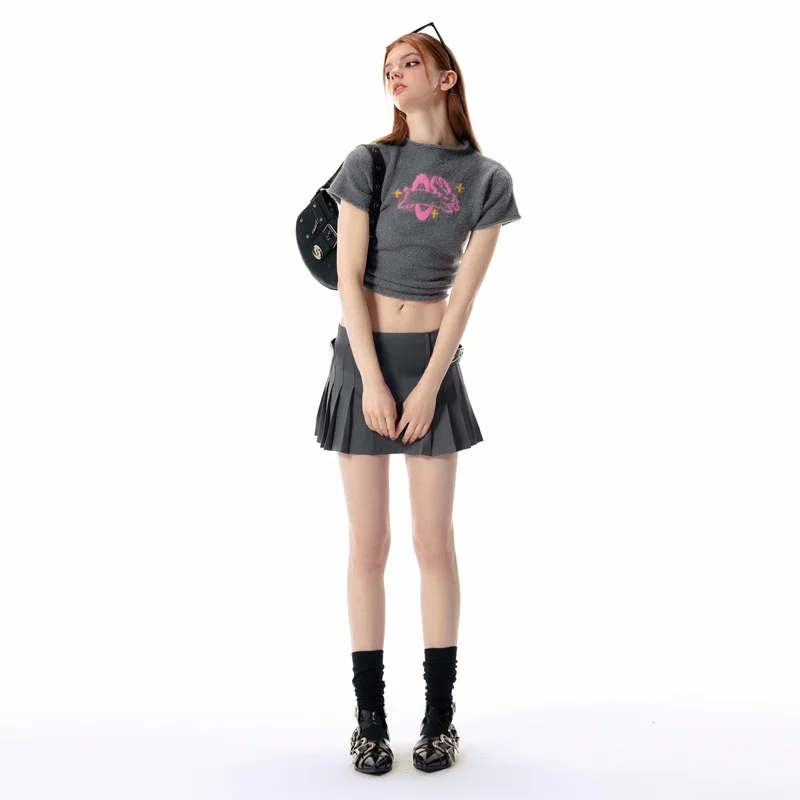 

Vone SheeE Women's Knitted Short Sleeve T-Shirt Wool Blend Drawstring Strap Top Rabbit Print Cute Style Summer Fashion