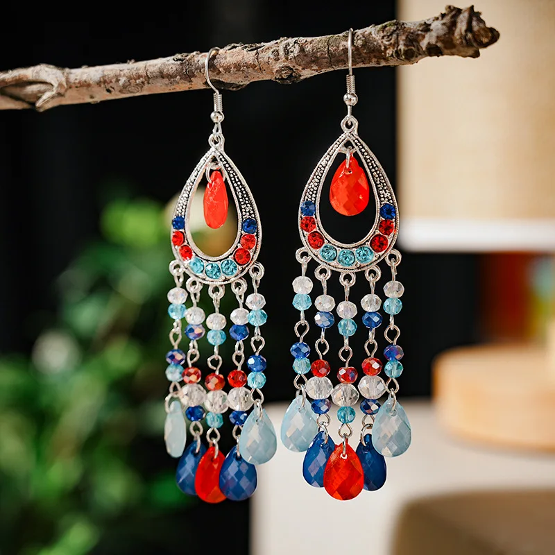 Bohemian Vintage Crystal Rhinestone Handmade Beads Tassel Long Drop Dangle Earring For Women Wedding Trendy Boho Jewelry Earings