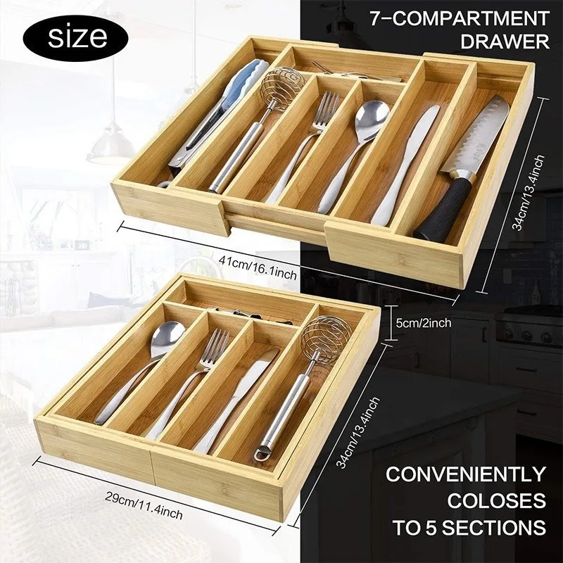 Bamboo Expandable Drawer Organizer for Utensils Holder, Adjustable Cutlery Tray, Wood Drawer Dividers Organizer for Silverware