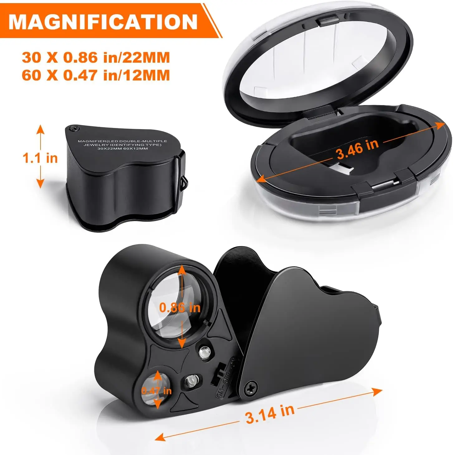 Imagem -02 - Iluminado Jewelers Eye Lupa Magnifier com Luz Led Joalheiros Dobráveis Lupa para Diamante Gemas Moedas Selos 30x 60x