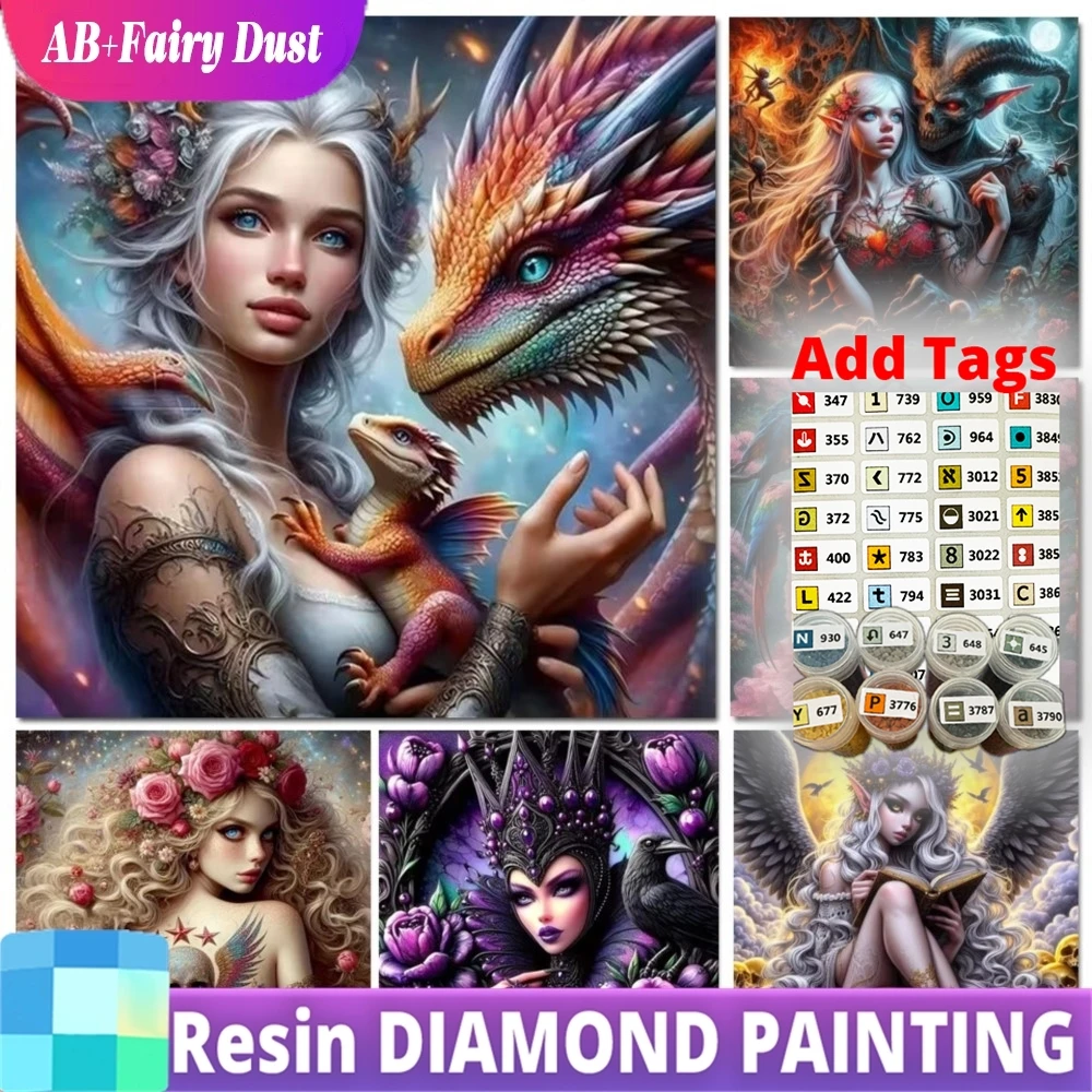 Resin Fairy Dust AB DIY Diamantmalerei Kleiner Drache und Frau, Schönheit, Monster-Totenkopf, Rosenmädchen Neu 2026 5D Diamant-Mosaik-Stickerei
