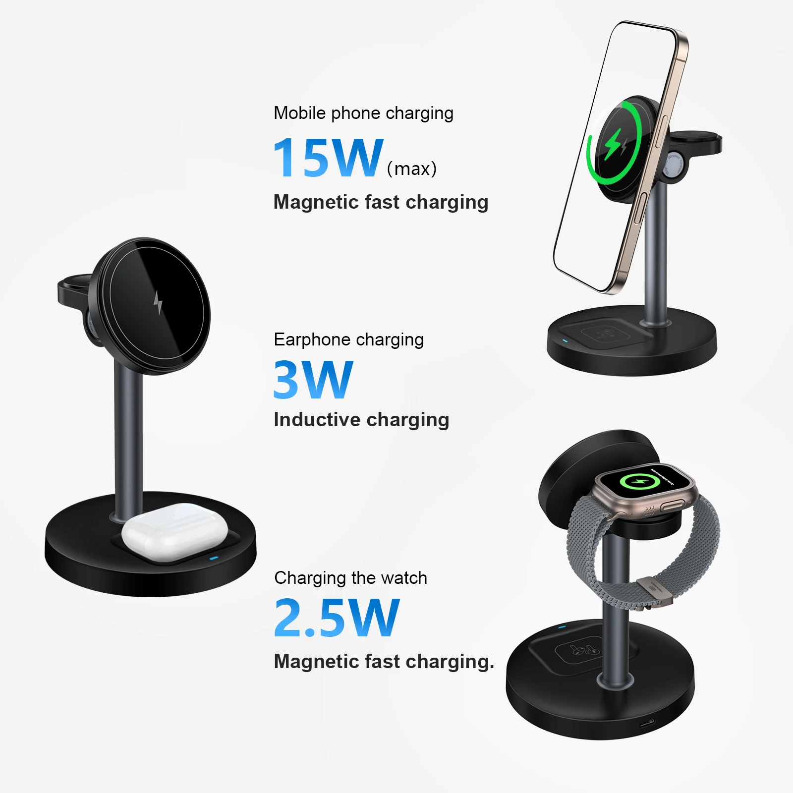 3in1 Maxsafe Wireless Charger Magnetic Quick Charge Type C Inductive Charging Base Station For iPhone 16 15 14 Pro Max Watch