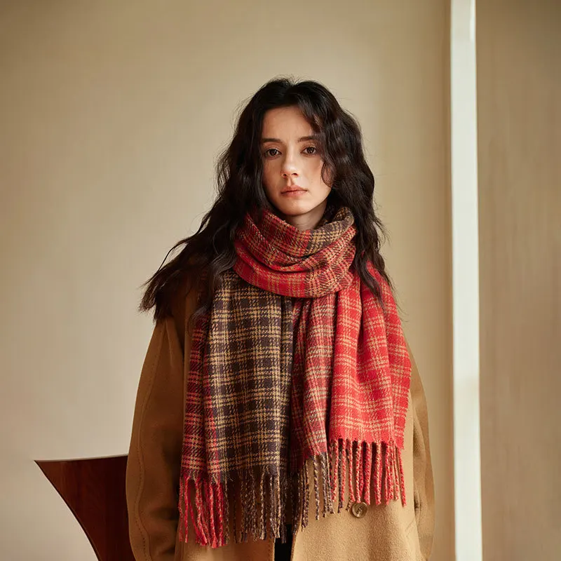 2024Winter New Retro British Double sided Color blocked Grid Pattern Imitation Cashmere Women's Scarf Soft Thick OuterCoat Shawl