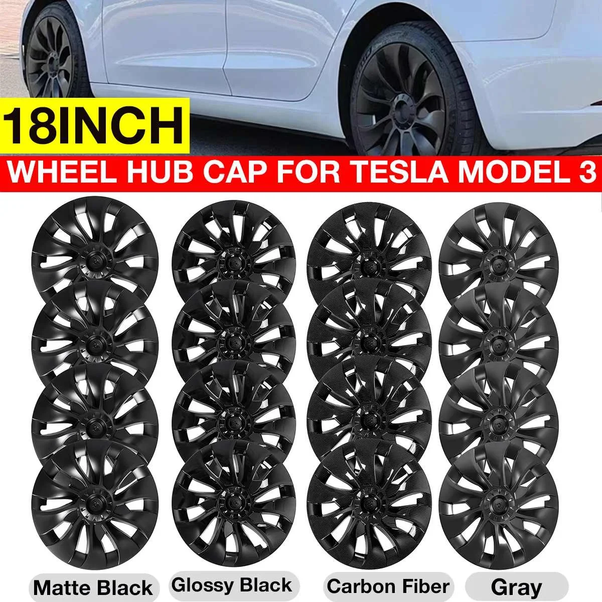 4pcs/set 18inch Hub Cap For Tesla Model 3 2018 2019 2021 2022 Wheel Cap Automobile Tire Wheel Hubcap Cover