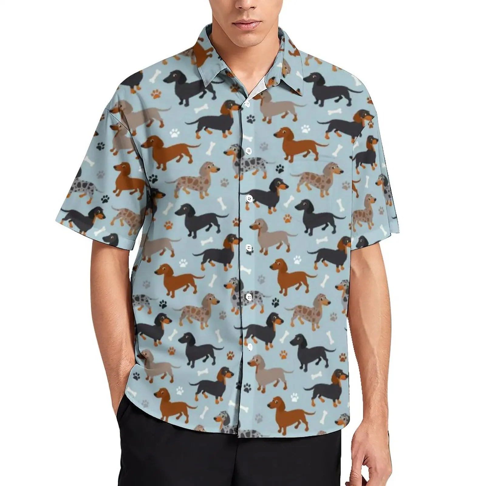 

Dog Print Hawaii Shirt Man Dachshund Paws and Bones Casual Shirts Blouses Short-Sleeved Trendy Oversized