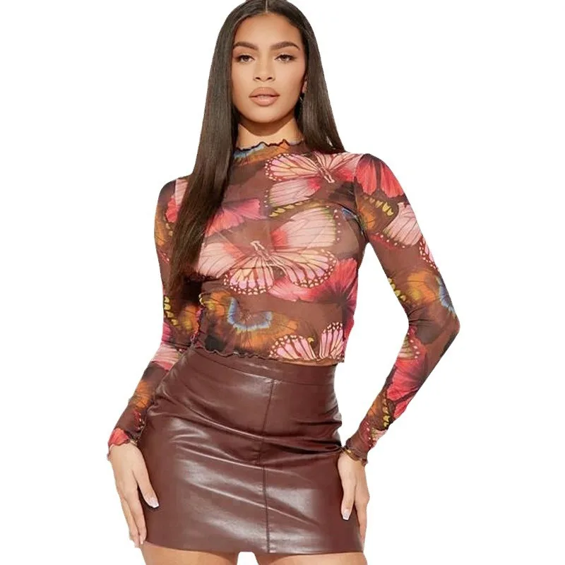 محطة مستقلة شبكة فراشة الطباعة قصيرة الأكمام تي شيرت المرأة الاتجاه الأعلى T-shirt2025 جديد #5