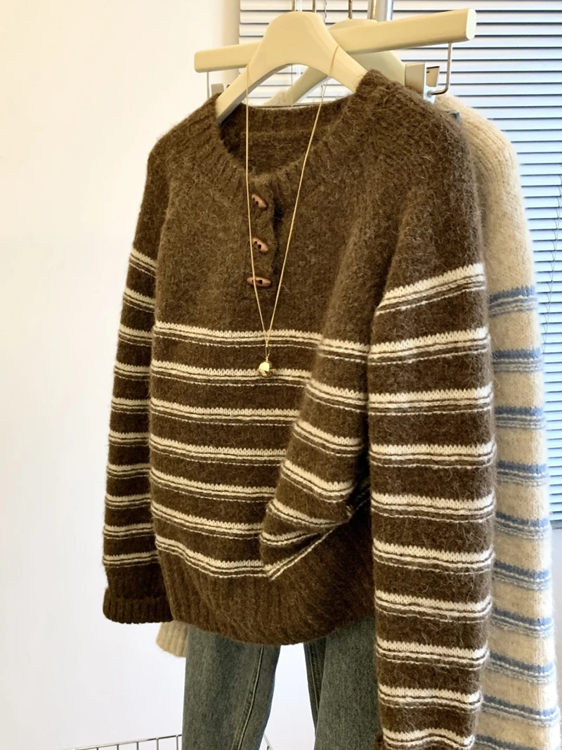 

Retro Striped Knit Sweater for Women Elegant Long Sleeved Casual Soft Pullover Tops Fashion O-Neck Loose Thermal Knitwear