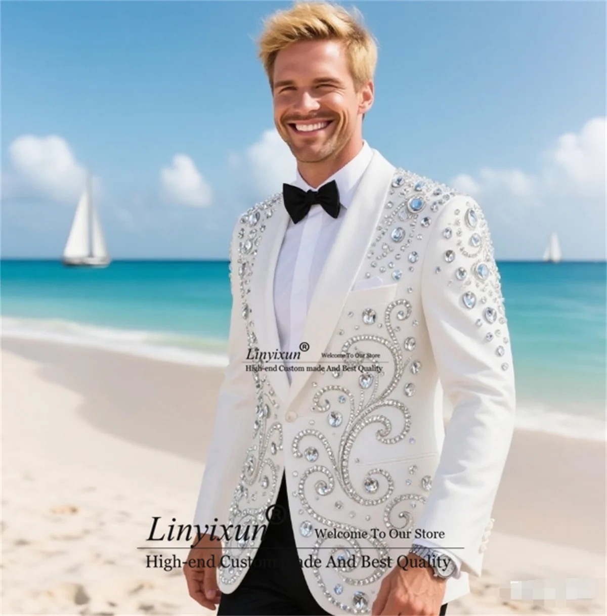 

Customized Gem Crystals Beaded Tuxedos Men Suit High End Slim Male Party Prom Blazers 2 Pieces Sets Groom Wedding Costume Homme