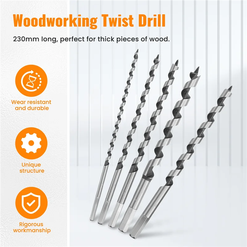

A69E5PCS 230Mm Hex Shank Extra Long Point Twist Auger Wood Drill Bits Set Woodworking Twist Drill Bit Tool Set 6 8 10 12 14Mm