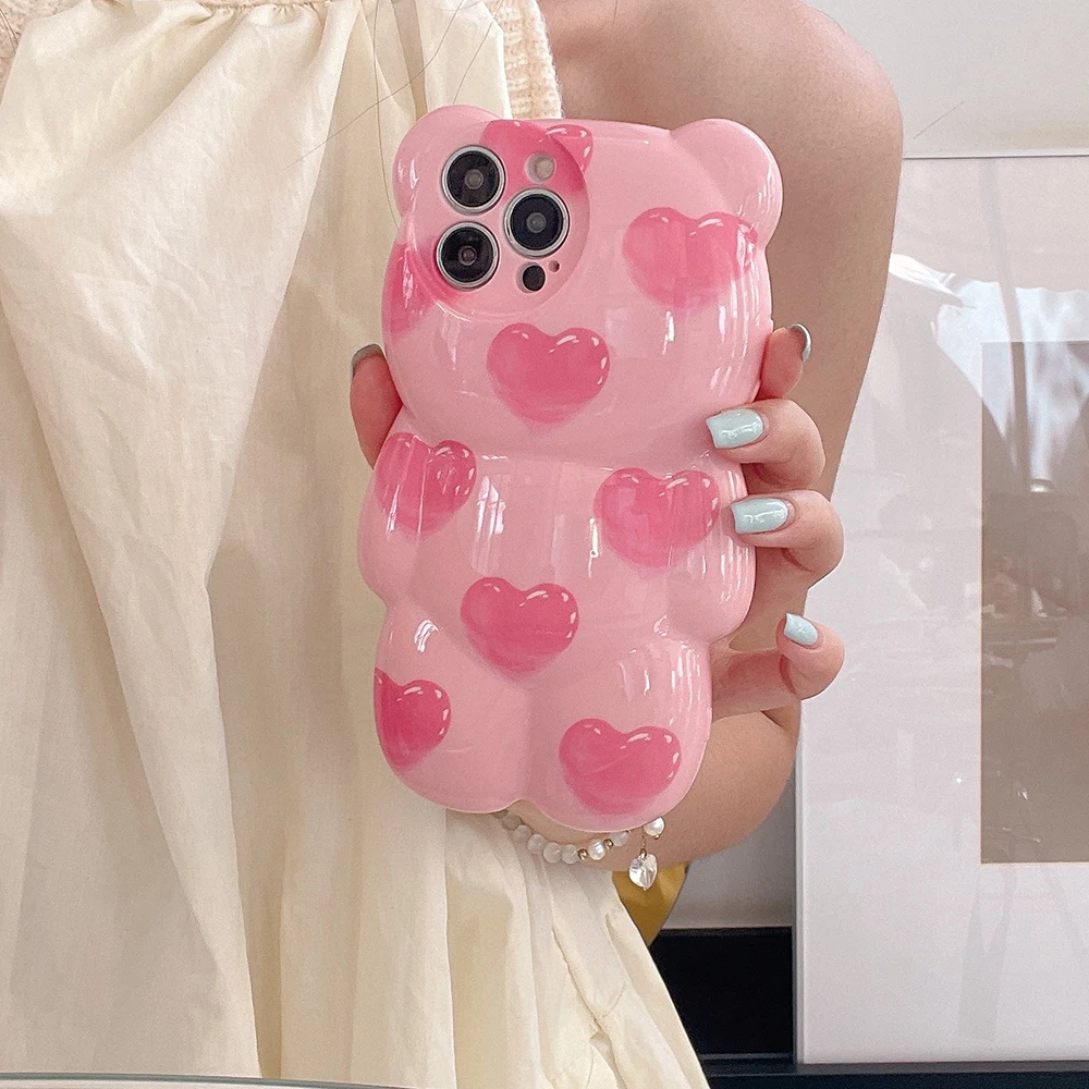 3D Cute Love Pink Bear Phone Case for iphone 15 Pro 14 Plus 13 12 Pro MAX XS MAX XR XS X 11Promax Soft silicone TPU Back Cover